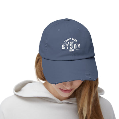 Unisex Distressed Cap - I DON'T KNOW, I JUST STUDY HERE