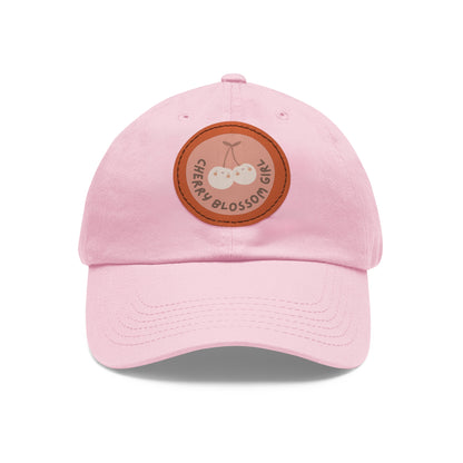 Dad Hat with Leather Patch (Round) - Cherry blossom girl.