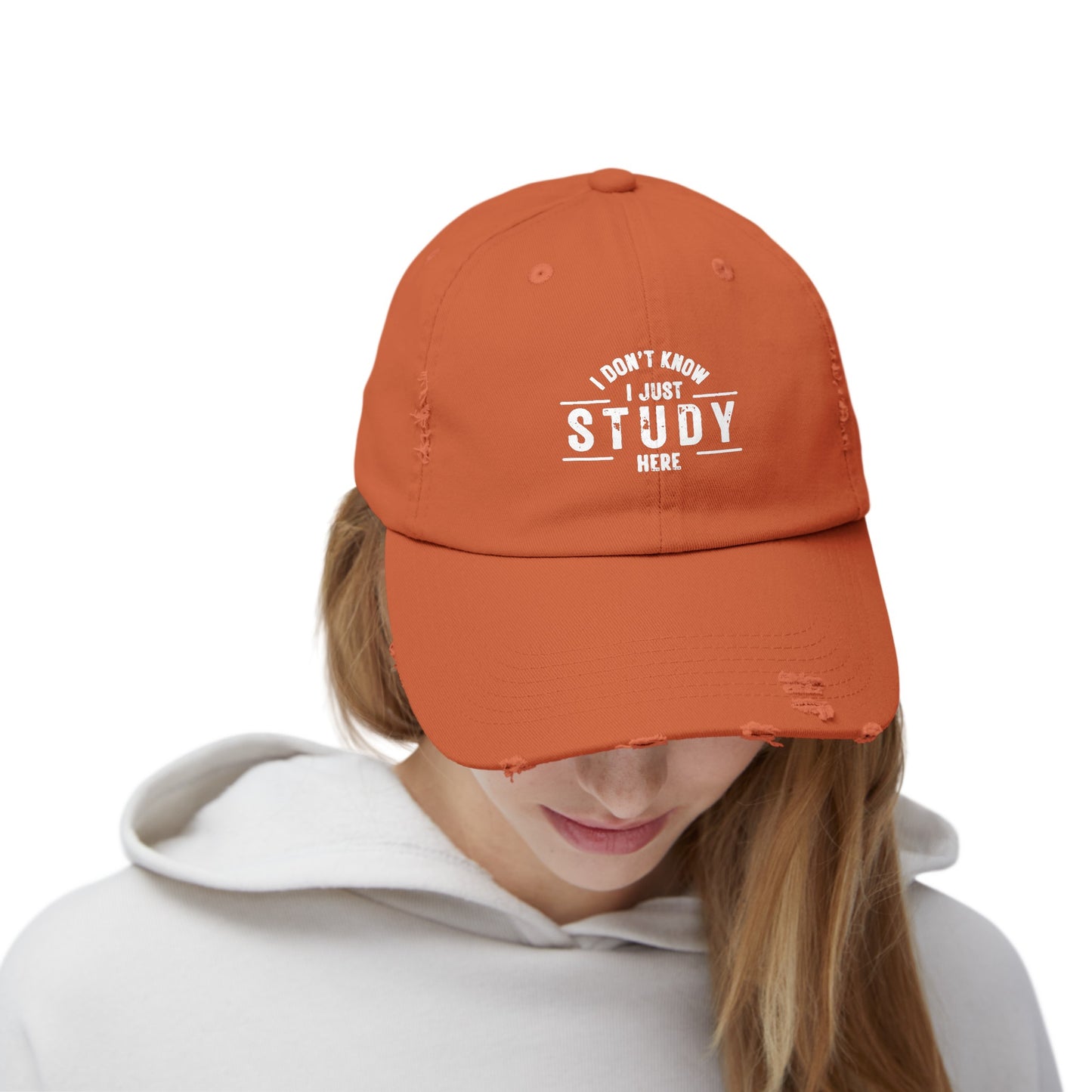 Unisex Distressed Cap - I DON'T KNOW, I JUST STUDY HERE